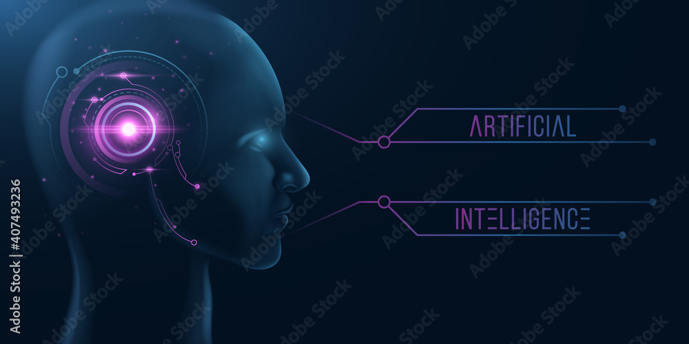 Poster cyborg face with hud interface. artificial intelligence. neural networks. data visualization. ui des