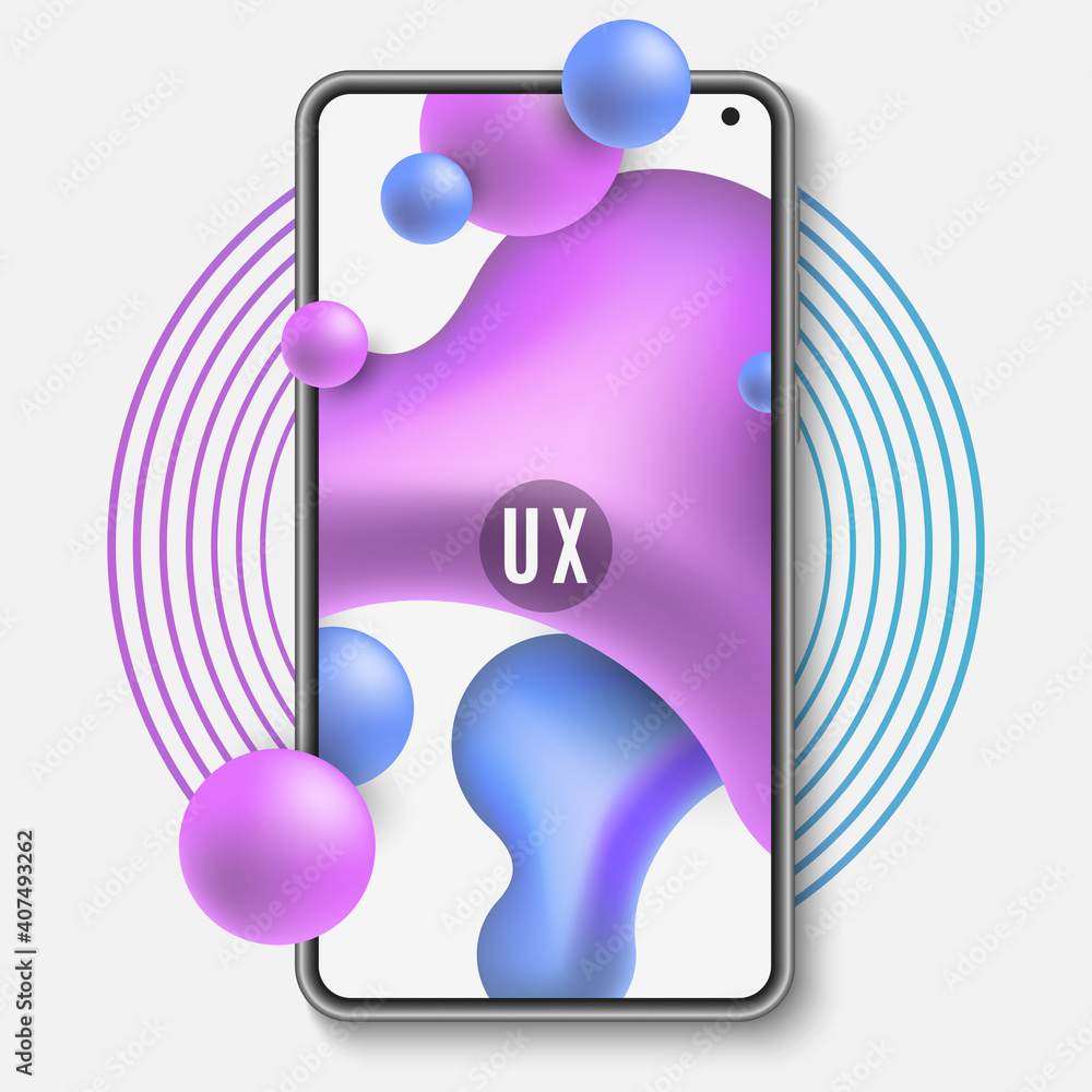 Poster mobile phone template. mockup of a mobile application with liquid design. abstract fluid shapes. ui 