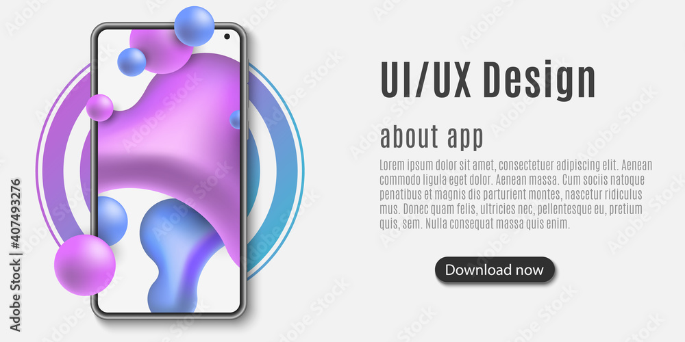 Poster mobile phone for web template. mockup of a mobile application with liquid design. abstract fluid sha