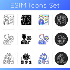 Company structure icons set. Sales department. Organization goals accomplishment. Maximizing organization profit. Problem solving. Linear, black and RGB color styles. Isolated vector illustrations