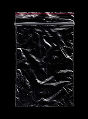 Small Crumpled Plastic Zip Bag Ziplock Lock Zipper Isolated On Black. Grunge Overlay Texture. - 407493299
