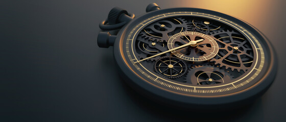 Handmade mechanical stopwatch close up in the atmosphere of the sunset. Design of my own. 3D illustration of time theme.