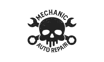 Car repair. Human skull with wrench in mouth. Design elements for poster, emblem, sign, t shirt. Vector illustration, Stock vector