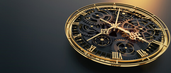 Handmade mechanical old clockwork close up in the atmosphere of the sunset. Design of my own. 3D illustration of time theme.