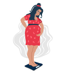 Checking weight young pregnant woman standing on the floral background.   Weighed on the scales. Flat vector illustration on white background.
