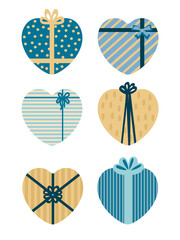 Set of heart shaped gifts. Hearts with bows. Valentine's Day concept. Vector illustration isolated on a white background
