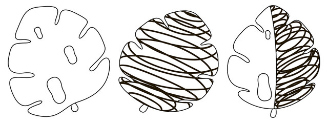 Black and white set of three outline stylized cartoon monstera leaves. Isolated tropical palm clip-art. Vector.