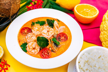 Thai soup tom yam with shrimps and tomatoes and rice as a garnish on a decorated table