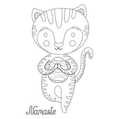 Stylish black and white cartoon smiling illustration of a tiger cub in yoga asana. Outline feline in a tree pose and calligraphic inscription Namaste. Graphic design, coloring page, or book. Vector.