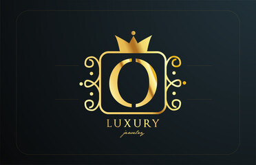 O monogram golden metal alphabet letter logo icon. Creative design with king crown for luxury company and business
