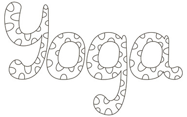 Black and white yoga lettering with spotted ornaments. Isolated outline cartoon illustration. Lettering for yoga studio decor, graphic design, print on clothes, coloring page. Vector.