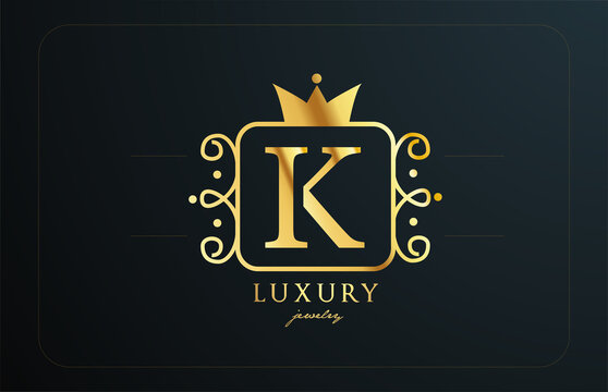K monogram golden metal alphabet letter logo icon. Creative design with king crown for luxury company and business