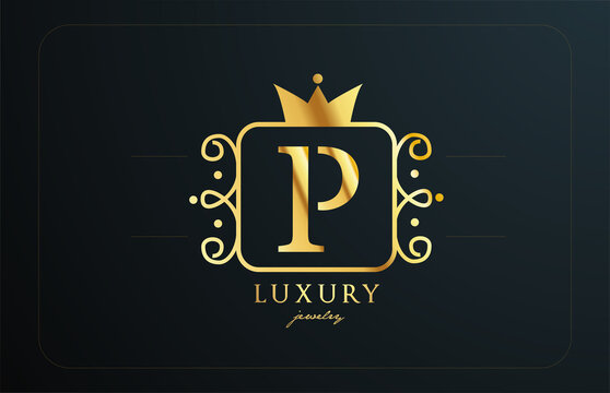 P monogram golden metal alphabet letter logo icon. Creative design with king crown for luxury company and business