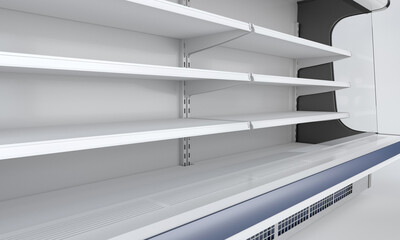 Close-up OF Empty Supermarket Refrigerator, Cooler From Perspective, 3D rendering