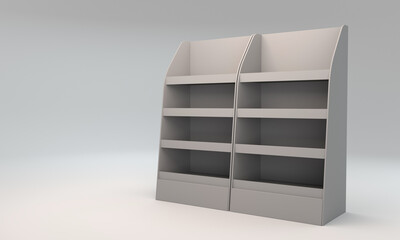 Two Empty POS Shelf Display In A Row. Advertising Stand Mock-up. 3D render