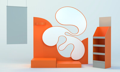 POS Orange Cube Advertisement Stand, 3D Illustration Mock-up