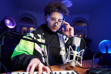 Portrait of a professional composer playing music on midi keyboard in dark living room with blue...