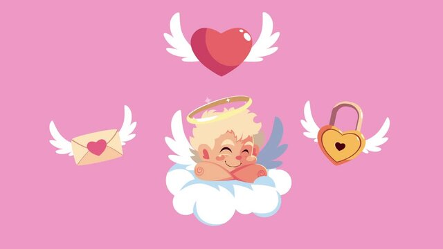happy valentines day card with cupid angel in cloud and love set icons flying