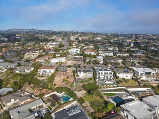 Aerial view of small valley with big mansions in La Jolla Hermosa, San Diego, California, USA
