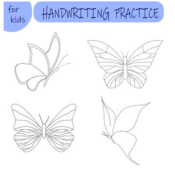 practice handwriting. Illustration of a butterfly for kids. Draw the butterflies along the outline. Vector illustration isolated on a white background