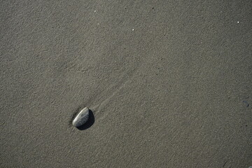 Fototapeta na wymiar Guijarro en la arena oscura de una playa mediterránea.