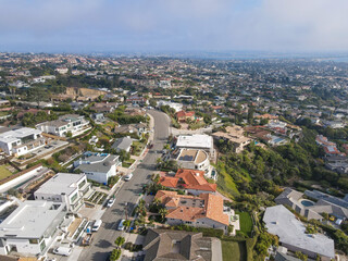 Fototapeta na wymiar Aerial view of little town with small street and villa in La Jolla Hermosa, San Diego, California, USA