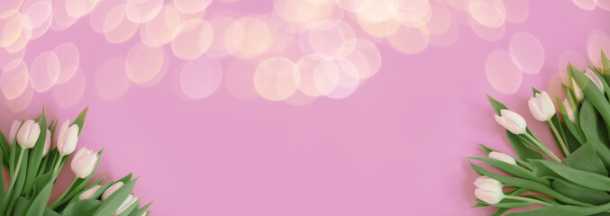 Banner for a Women s day, 8 march or Valentines day. Tulips on a pink background. Copy space for text. The concept of holidays and good morning wishes.