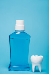 Tooth model and bottle of mouthwash on blue background