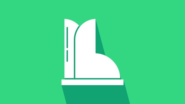 White Waterproof rubber boot icon isolated on green background. Gumboots for rainy weather, fishing, gardening. 4K Video motion graphic animation.