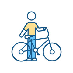 Bicycle riding RGB color icon. Driver with bike. Driving and cycling. Alternative transportation. Exercising and sport. Young student with vehicle. Sportive person. Isolated vector illustration