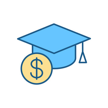 recommend clip art: Tuition cost RGB color icon. Scholarship budget. Money for education. Price for education. Student loan. Savings for academic study. Mortarboard hat, dollar sign. Isolated vector illustration