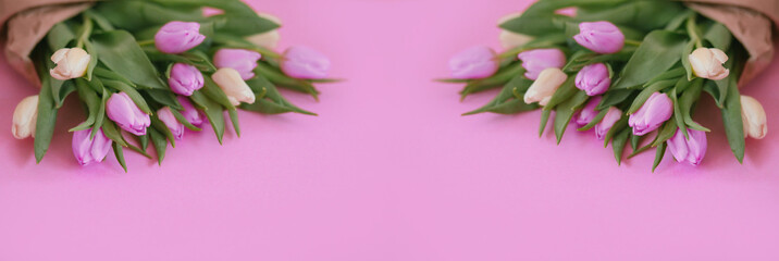 Fototapeta premium Banner for a Women s day, 8 march or Valentines day. Tulips on a pink background. Copy space for text. The concept of holidays and good morning wishes.