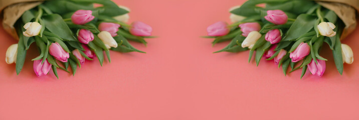Banner for a Women s day, 8 march or Valentines day. Tulips on a pink background. Copy space for text. The concept of holidays and good morning wishes.