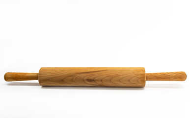 Wooden rolling pin for rolling dough on a white background