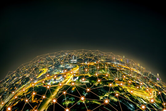 Rounded abstract cityscape network connection, internet and global connection concept.