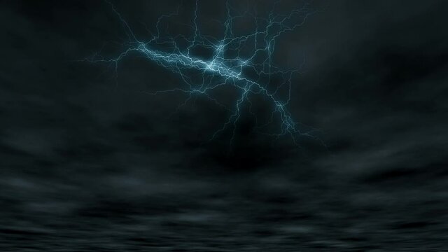 Dark and dramatic storm clouds overhead with multiple lightning strikes illuminating the sky.