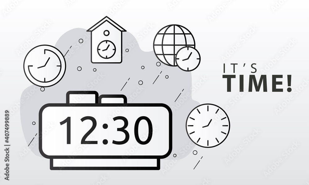 Poster bundle of time clocks line style set icons and lettering
