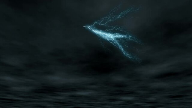 Dark and dramatic storm clouds overhead with multiple lightning bolts illuminating the sky.
