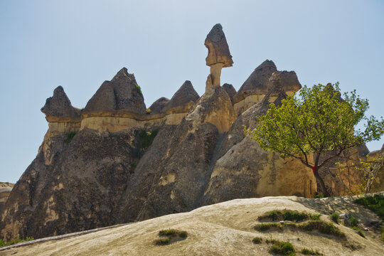 Lendscape detail with magnificent stone structures and caves at Goreme, Cappadocia, Anatolia, Turkey