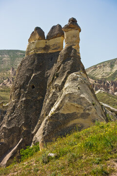 Lendscape detail with magnificent stone structures and caves at Goreme, Cappadocia, Anatolia, Turkey