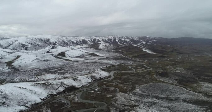 Aerial photography of the natural scenery of the wetland after the snow. Zoige, Ngawa Tibetan and Qiang Autonomous Prefecture, Sichuan, China