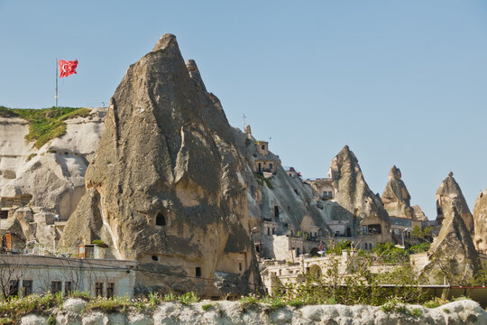 Lendscape detail with magnificent stone structures and caves at Goreme, Cappadocia, Anatolia, Turkey