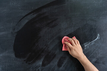 Hand with red rag wipes off the chalk board