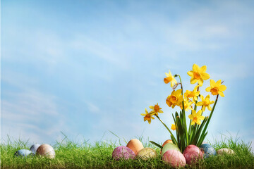 Narcissus flower with easter eggs in spring grass with sky