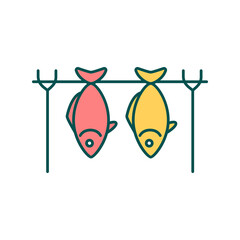 Hot smoked fish RGB color icon. Restaurant menu. Cafe culinary. Cold smoked tuna. Barbeque for seafood. Dried steak. Mackerel for dinner. Marine foodstuff. Isolated vector illustration