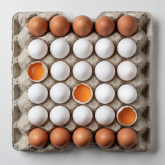 Fresh white eggs with yolk on cardboard tray