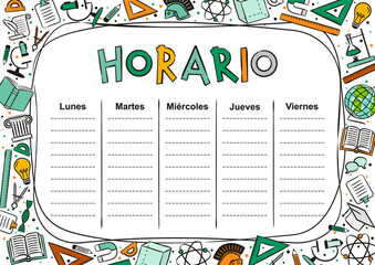 Spanish Kids Template of a school schedule for 5 days of the week for students. Vector illustration in cartoon styles. Includes hand-drawn elements on a school theme. Translation: Timetable