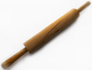 A large cylindrical wooden rolling pin lies on a white background