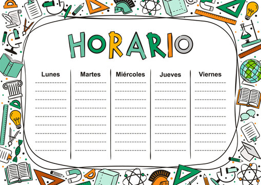 Spanish Kids Template of a school schedule for 5 days of the week for students. Vector illustration in cartoon styles. Includes hand-drawn elements on a school theme. Translation: Timetable