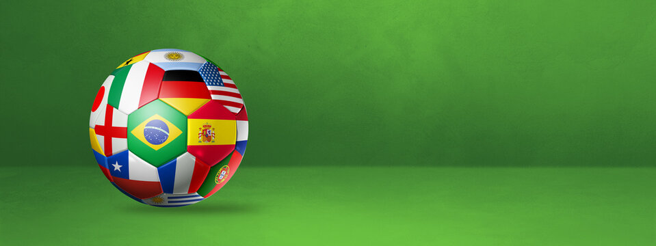 Football soccer ball with national flags on a green studio banner